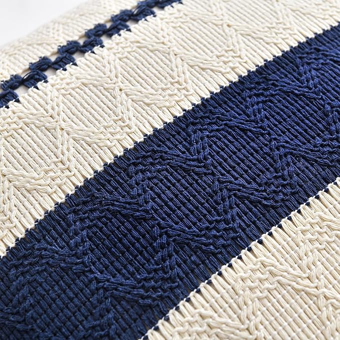 Fancy Homi Set of 1 Navy Blue Lumbar Decorative Throw Pillow Covers 12x24 Inch for Couch Bed Sofa Living Room, Aesthetic Modern Organic Farmhouse Home Decor, Soft Cotton Woven Textured Cushion Case