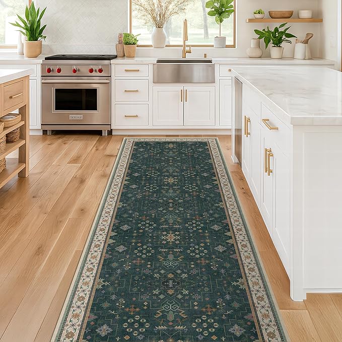 Hazo Haus Dark Green Kitchen Rug 10 ft Long - Modern Vintage Boho Unique Floral with Gold Accent, Washable Low Pile Non-Slip Extra Long Wide Runner Rugs for Hallway, 3x10
