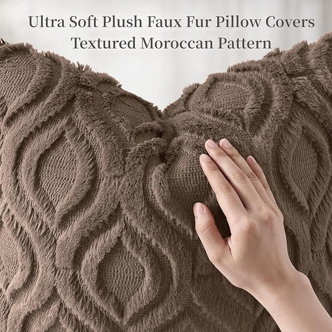 decorUhome Throw Pillow Covers 22x22 Inch Set of 2, Soft Plush Faux Wool Brown Solid Couch Pillow Covers, Accent Euro Sham Farmhouse Neutral Square Pillow Cases for Sofa Bed Living Room