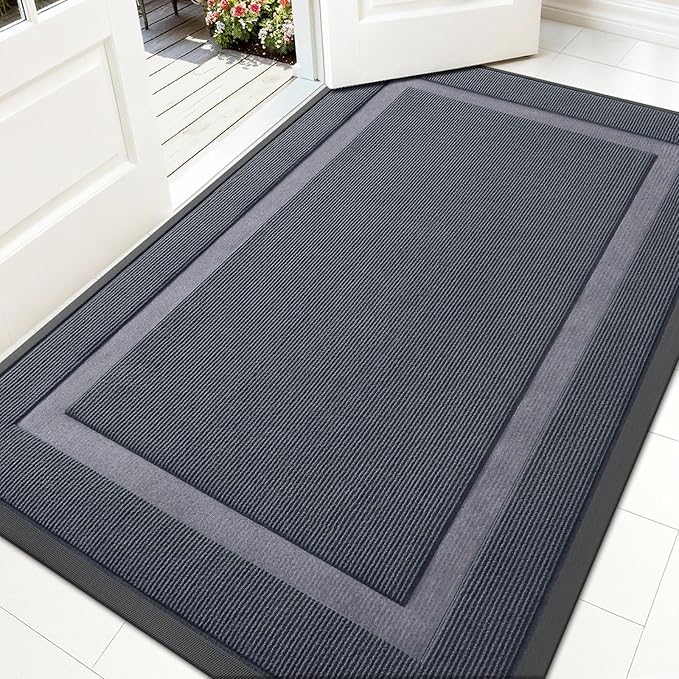 OLANLY Front Door Mat Indoor Outdoor Entrance, Waterproof All-Season, All-Weather Doormat, Sturdy Natural Rubber, Fade Resistant, Low Profile, Easy Clean Patio Porch Entryway Mat, 59x35, Light Grey