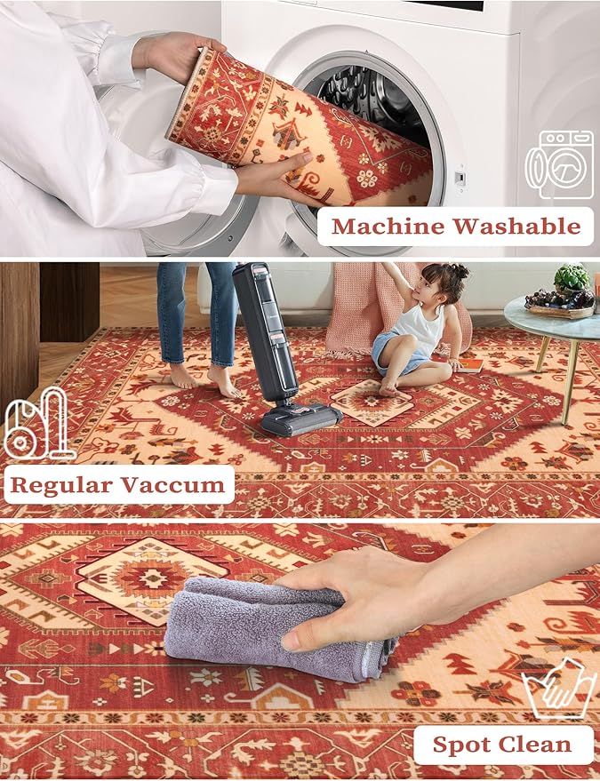 SERISSA Runner Rug for Hallways, 2'6"x8' Washable Non Slip Kitchen Runner Rug, Long Boho Rug Vintage Red Hallway Stair Ultra Soft Print Floor Carpet for Bedroom Bathroom Laundry Room