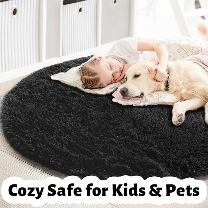 Black Small Round Rug 3Ft for Bedroom, Fluffy Circle Area Rugs for Living Room Decor Aesthetic, Shaggy Furry Circular Floor Carpet for Office Playroom Nursery Classroom, Modern Baby Kid Teen Boy Rug