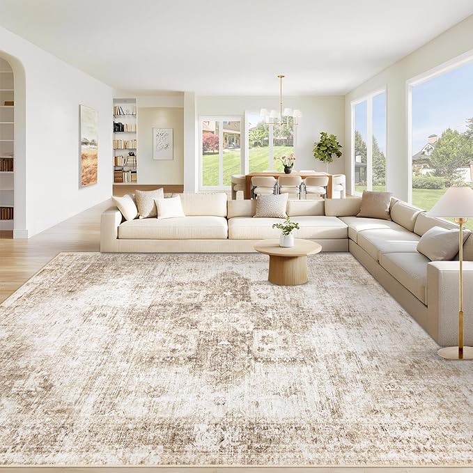 Area Rug 10x12 Washable Rug, Vintage Boho Medallion Rugs Non-Slip Soft Low Pile Large Distressed Rug Indoor Retro Carpet for Living Room Bedroom Dining Room Home Office (Brown, 10'x12')