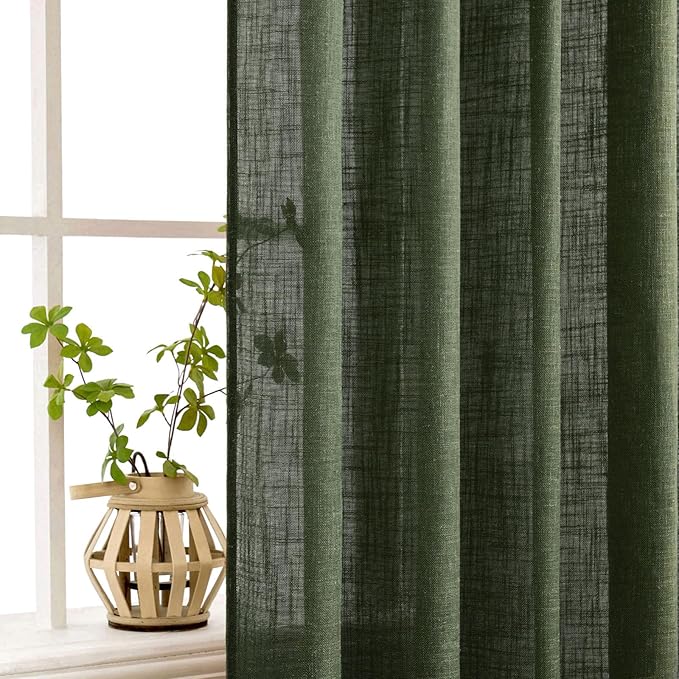 MIULEE Olive Green Linen Curtains 72 Inch Length 2 Panels for Bedroom Living Room, Soft Thick Linen Textured Window Drapes Semi Sheer Light Filtering Back Tab Rod Pocket Burlap Look Decor, W37xL72