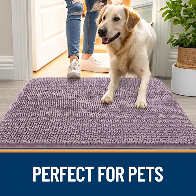 OLANLY Dog Door Mat for Muddy Paws 47x32, Absorbs Moisture and Dirt, Absorbent Non-Slip Washable Doormat, Quick Dry Chenille Mud Mat for Dogs, Entry Indoor Entryway Carpet for Inside Floor, Deep Plum