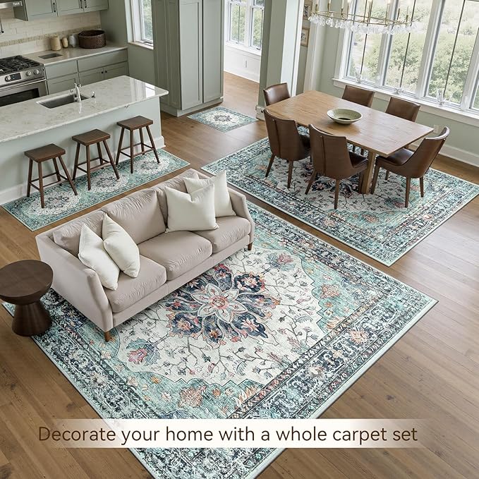 Area Rugs 10'x14' Washable Non-Slip, Floral Vintage Distress Print Pattern Medallion Carpet for Living Room Bedroom Dining Room, Green Navy Blue White Red Teal Colorful