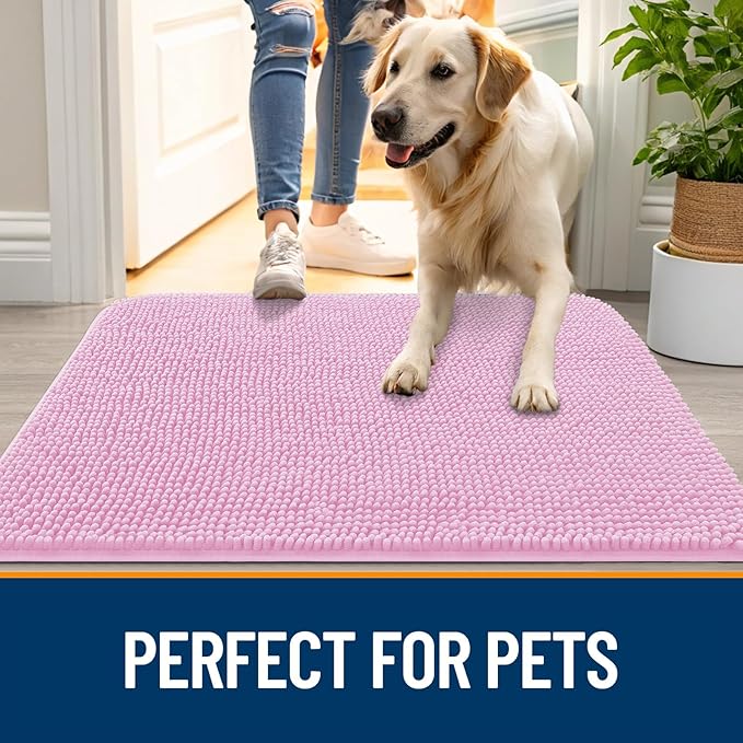 OLANLY Dog Door Mat for Muddy Paws 59x20, Absorbs Moisture and Dirt, Absorbent Non-Slip Washable Doormat, Quick Dry Chenille Mud Mat for Dogs, Entry Indoor Entryway Carpet for Inside Floor, Pink