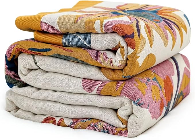 MSGKV Boho Throw Blanket for Bed 100% Cotton Throw Floral Couch Blanket 80''x90'', Spring Breathable Travel Muslin Blanket for Women Home Decor