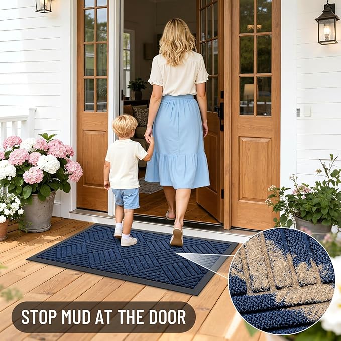 OLANLY Front Door Mat Outside Entrance 35x23, Absorbent, Heavy Duty Sturdy Natural Rubber Doormat Indoor Outdoor, Stain Fade Resistant, Non-Slip Low Profile Floor Mat for Entryway, Navy Blue Diamond