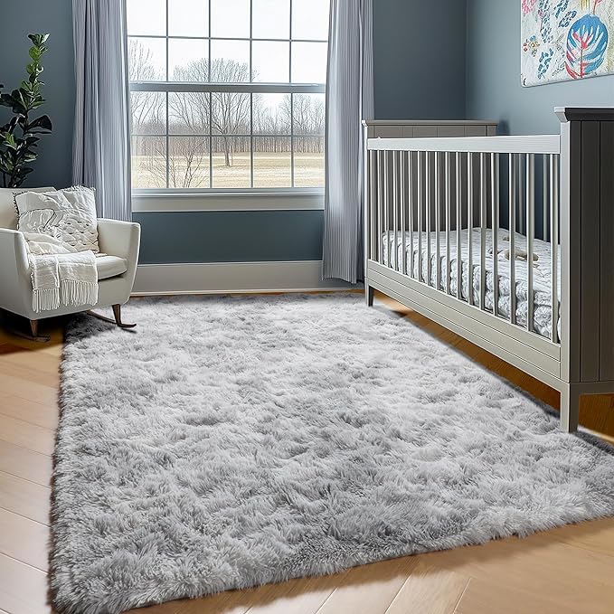 ONASAR 6x9 Area Rugs for Living Room, Large Tie-Dyed Light Grey Fluffy Shag Rug for Bedroom, Ultra Soft Plush Floor Big Indoor Carpet for Baby Kids Girls Boys Teen Dorm Nursery Home Decor