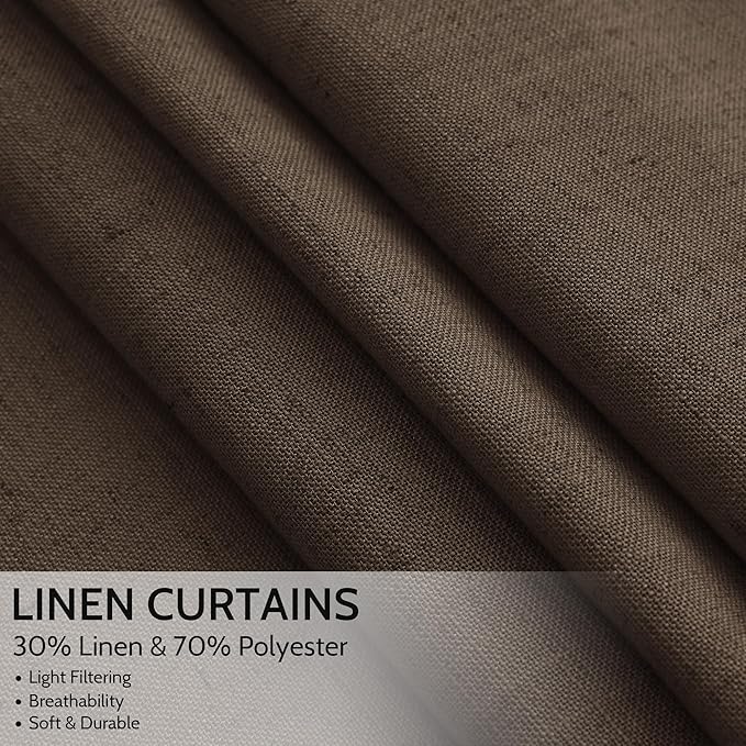 Extra Long Curtain Chocolate Morden Linen Blend Light Filtering Back Tab Curtains for Long Winodws 120 Inches Length, Semi Sheer Privacy Drapes for Living Room,52x120 inch, 2 Panels