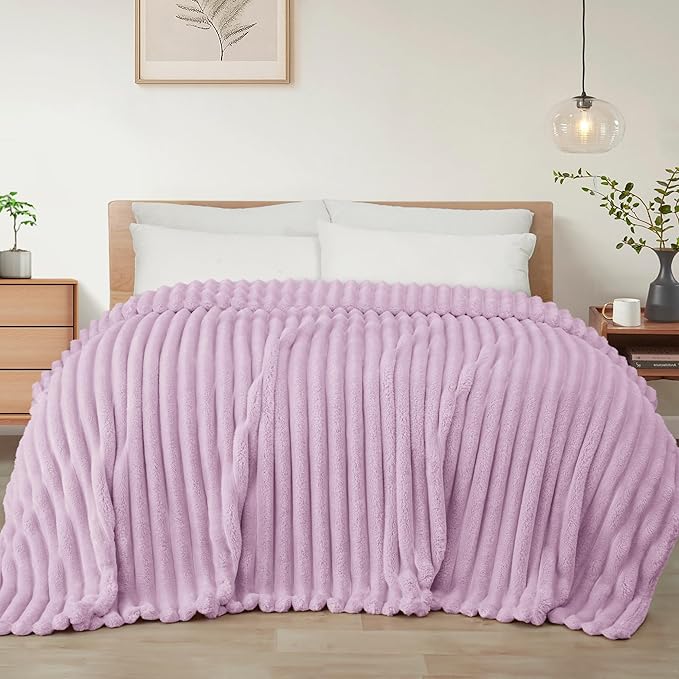 Exclusivo Mezcla Queen Size Flannel Fleece Blanket, Super Soft Striped Jacquard Bed Blanket, Lightweight Fuzzy Cozy for All Seasons, 90x90 Inches, Lilac Purple
