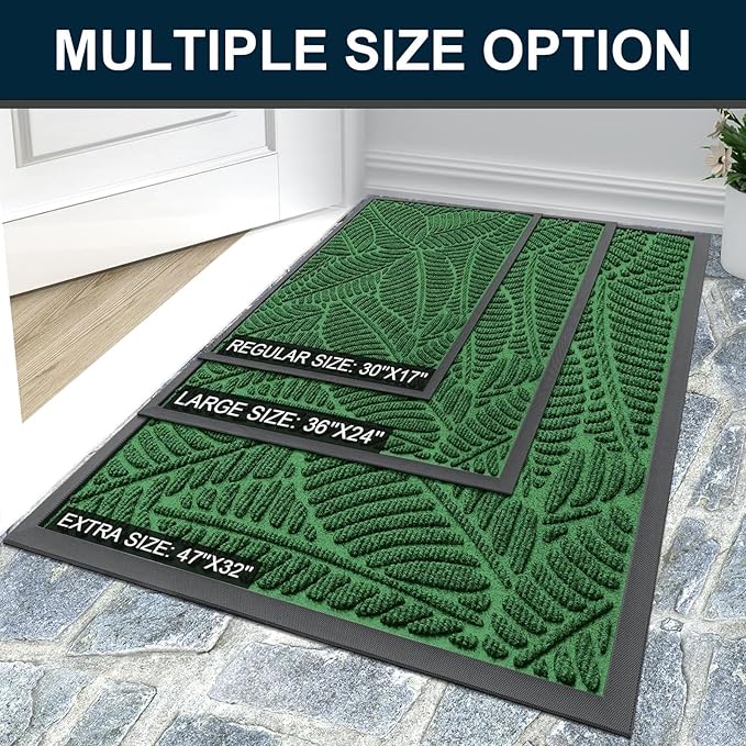 Colorxy Waterproof Doormat, Sturdy Natural Rubber Front Indoor Mat, Non Slip Low Profile Indoor Outdoor Door Mats, Stain and Fade Resistant Floor Mat, Easy Clean Patio Entrance Mat, 36''x24'', Green