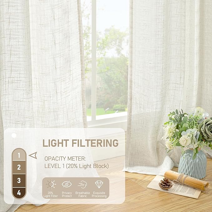LAMIT Natural Linen Blended Curtains for Living Room, Back Tab and Rod Pocket Semi Sheer Curtains Light Filtering Country Rustic Drapes for Bedroom/Farmhouse, 2 Panels,52 x 120 Inch, Natural Ivory