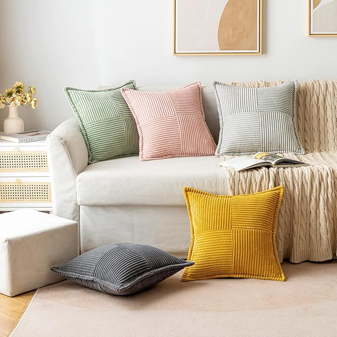 MIULEE Decorative Throw Pillow Covers for Couch Bed Livingroom 20x20 Inch Set of 2 Light Grey Boho Accent Throw Pllows Broadside Striped Patchwork Soft Corduroy Pillowcases