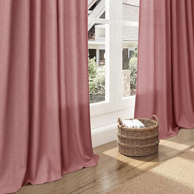 Nanspring Canyon Rose Linen Curtains 90 Inch Long 2 Panels Set for Bedroom Living Room Dusty Rose Linen Textured Window Drapes Semi Sheer Light Filtering Rod Pocket Back Tab Farmhouse Curtain 52x90