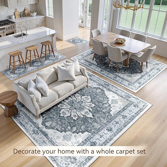RELEANY Area Rugs 2'x10' Runner Rug Non Slip Washable for Kitchen Hallway Bedroom Beside Laundry Room Bathroom Rug, Floor Carpet, Light Gray Grey White