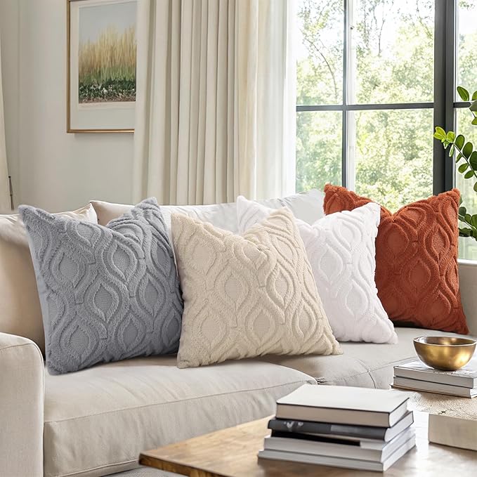 decorUhome Throw Pillow Covers 18x18 Inch Set of 2, Soft Plush Faux Wool Cream White Solid Couch Pillow Covers, Accent Farmhouse Neutral Square Pillow Cases for Sofa Bed Living Room