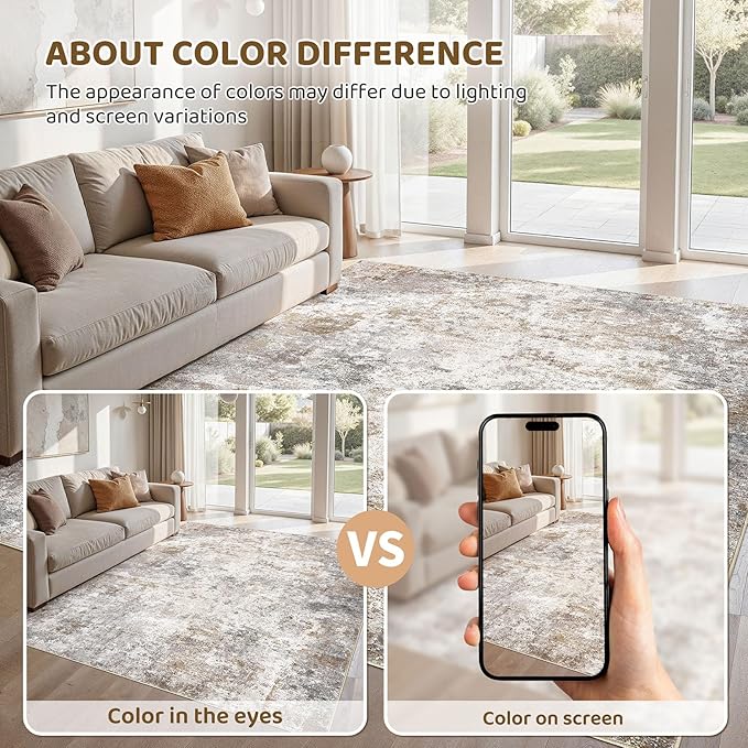 UERMEI 6x9 Area Rug Living Room Rugs - Washable Neutral Modern Abstract Soft Thin Large Rug Indoor Floor No Slip Rug Carpet for Bedroom Under Dining Table Home Office Decor - Brown Grey