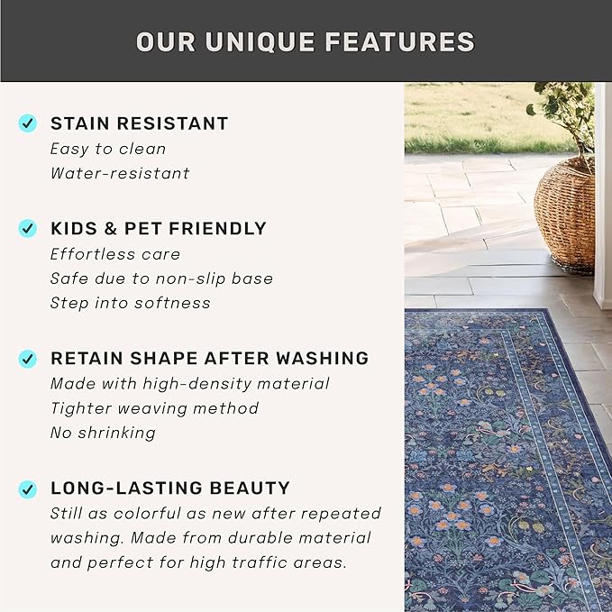 Dark Blue Washable 2x4 Entry Rug - Front Door Rugs Indoor, Vintage Floral Style Small Rug for Kitchen, Bathroom, Non-Slip Boho Navy Entryway Décor