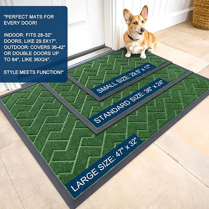 OLANLY Front Door Mat Indoor Outdoor Entrance, Waterproof All-Season, All-Weather Doormat, Sturdy Natural Rubber, Low Profile, Easy Clean Patio Porch Entryway Mat, Herringbone Brick (Green, 47x23)