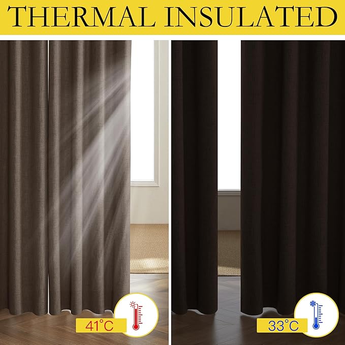 NICETOWN Coffee Vintage Linen 100% Blackout Curtains for Living Room, Thermal Insulated Curtains 95" Long, Noise Reducing Window Treatment Drapes for Bedroom, 52" Wide Per Panel, Set of 2