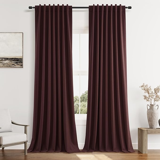 Guken 100% Blackout Curtains 90 Inch Length 2 Panels Set for Living Room Bedroom Back Tab Thermal Insulated Black Out Linen Drapes Room Darkening Reddish Brown,52x90