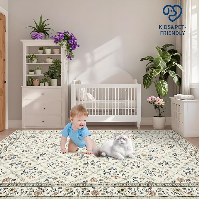 Large Entryway Rug 3x5 Floral Washable Area Rugs Vintage Soft Non-Slip Small Floor Carpet Doormat Stain Resistant Low-Pile Ultra-Thin Entry Mat for Bedside Kitchen Beige