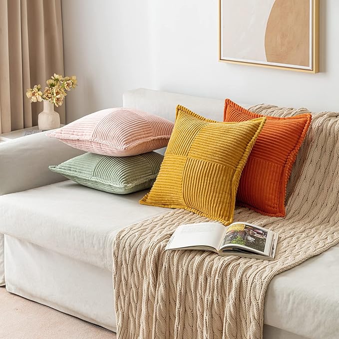 MIULEE Decorative Throw Pillow Covers for Couch Bed Livingroom 20x20 Inch Set of 2 Fall Mustard Yellow Boho Accent Throw Pllows Broadside Striped Patchwork Soft Corduroy Pillowcases