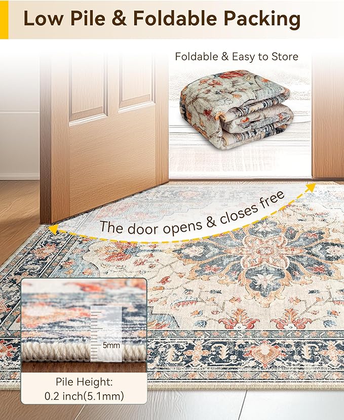 RELEANY Area Rugs 3'x10' Runner Rug Non Slip Washable for Kitchen Hallway Bedroom Beside Laundry Room Bathroom Rug, Floor Carpet, Beige Navy Blue Orange Colorful