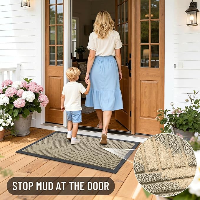 OLANLY Front Door Mat Outside Entrance 71x23, Absorbent, Heavy Duty Sturdy Natural Rubber Doormat Indoor Outdoor, Stain and Fade Resistant, Non-Slip Low Profile Floor Mat for Entryway, Beige Diamond