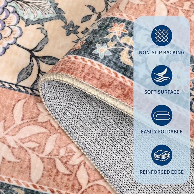 GarveeHome Terracotta Teal Area Rugs 9x12 Living Room, Botanical Grove Cottage core Washable Non-Slip Rug for Bedroom Dining Nursery Low-Pile Vintage Large Soft Carpet