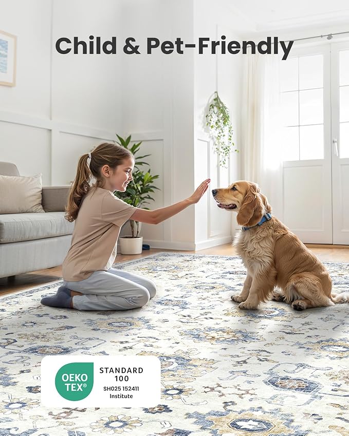 AMADA HOMEFURNISHING 6x9 Area Rugs, Blue Low-Profile Washable Rug with Non-Slip Backing & Durable Edge Binding, Vintage Rugs for Living Room, Bedroom, Dining Room