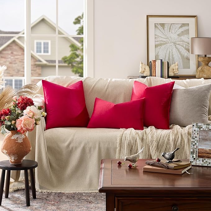 GIGIZAZA Red Velvet Decorative Throw Pillow Covers for Sofa Bed 2 Pack Soft Cushion Cover 20x20