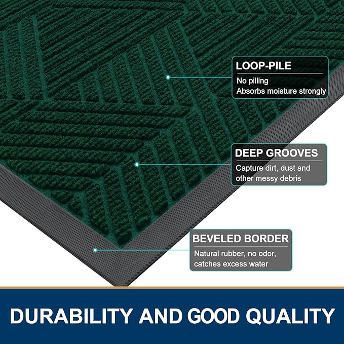 Smiry Front Door Mat Outside Entrance, Heavy Duty Sturdy Natural Rubber Doormat, Trap Dirt and Moisture, Easy Clean Low Profile Mats for Indoor Outdoor Entry, Irregular Triangle (47x32, Deep Green)