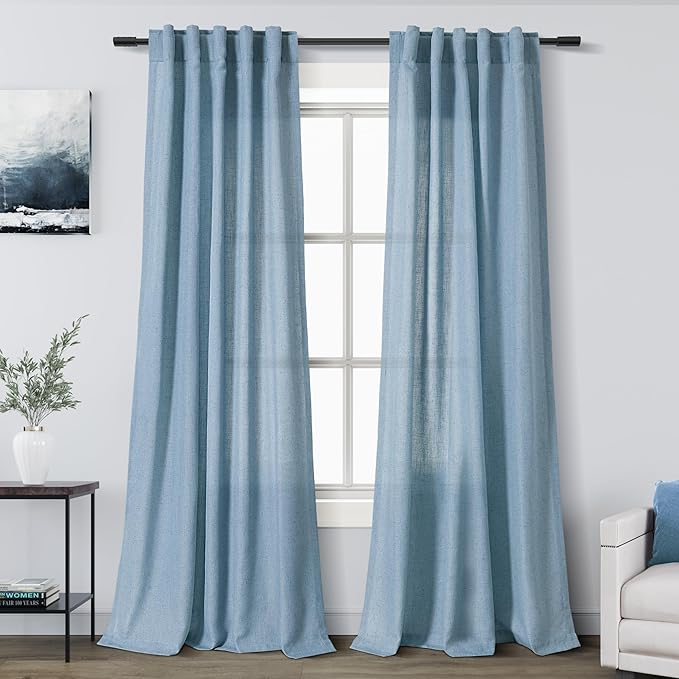 Nanspring Blue Boho Curtains for Bedroom Back Tab Rod Pocket Semi Sheer Linen Curtains 90 Inches Long 2 Panel Set Light Filtering Neutral Dusty Blue Farmhouse Drapes for Living Room 40x90 Inches