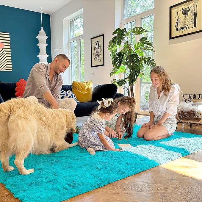 OLANLY 2x5 Machine Washable Runner Rugs for Hallway, Soft Fluffy Shaggy Bedside Rugs for Bedroom, Living Room, Indoor Floor Carpet for Kids Girls Boys, Nursery Rooms, Home Decor Aesthetic, Teal Blue