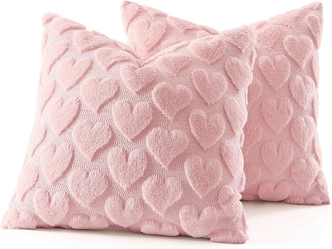 decorUhome Valentine’s Day Soft Plush Throw Pillow Covers 16x16 Inch Set of 2, Faux Fur Pink Heart Decoration Neutral Square Pillow Covers for Couch Sofa Bed Cozy Farmhouse Holiday Decor