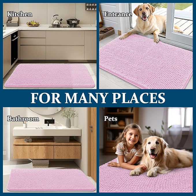 OLANLY Dog Door Mat for Muddy Paws 50x30, Absorbs Moisture and Dirt, Absorbent Non-Slip Washable Doormat, Quick Dry Chenille Mud Mat for Dogs, Entry Indoor Entryway Carpet for Inside Floor, Pink