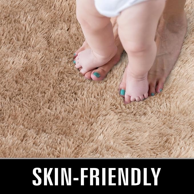 TWINNIS Super Soft Shaggy Rugs Fluffy Carpets, 8x10 Feet, Indoor Modern Plush Area Rugs for Living Room Bedroom Kids Room Nursery Home Decor, Upgrade Anti-Skid Rectangular Fuzzy Rug, Tan White