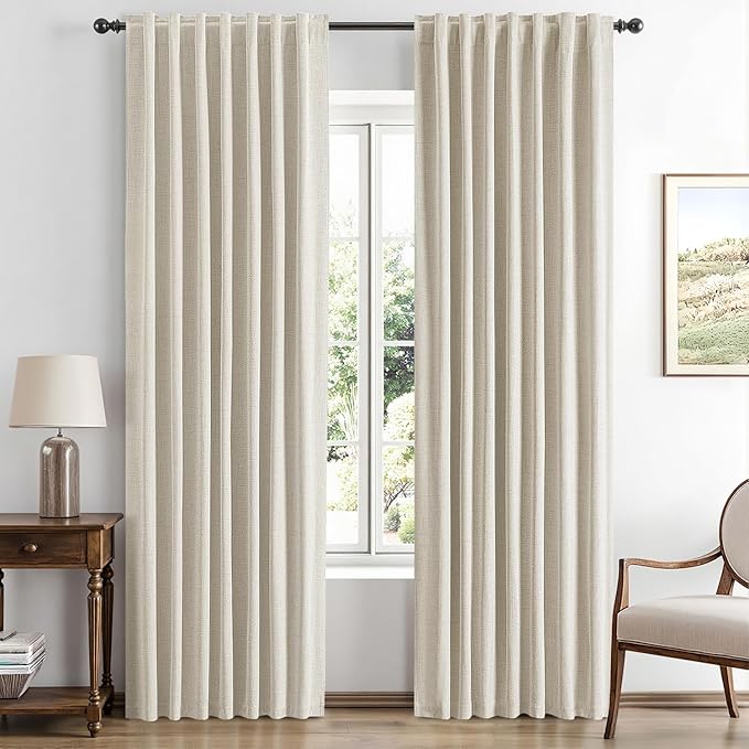 MIULEE 100% Blackout Linen Curtains for Bedroom, Linen Beige Solid Luxury Decor Thermal Insulation Room Darkening Drapes for Living Room Nursery Back Tab Rod Pocket 42 x 90 Inches, 2 Panels
