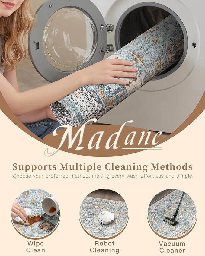 Madane Runner Rug 2'6''x8' Kitchen Runner, Hallway Runner Printed Vintage Washable Rugs Soft Non-Slip Low Pile Runners for Hallways Laundry Room Distressed Carpet, Blue/Gold