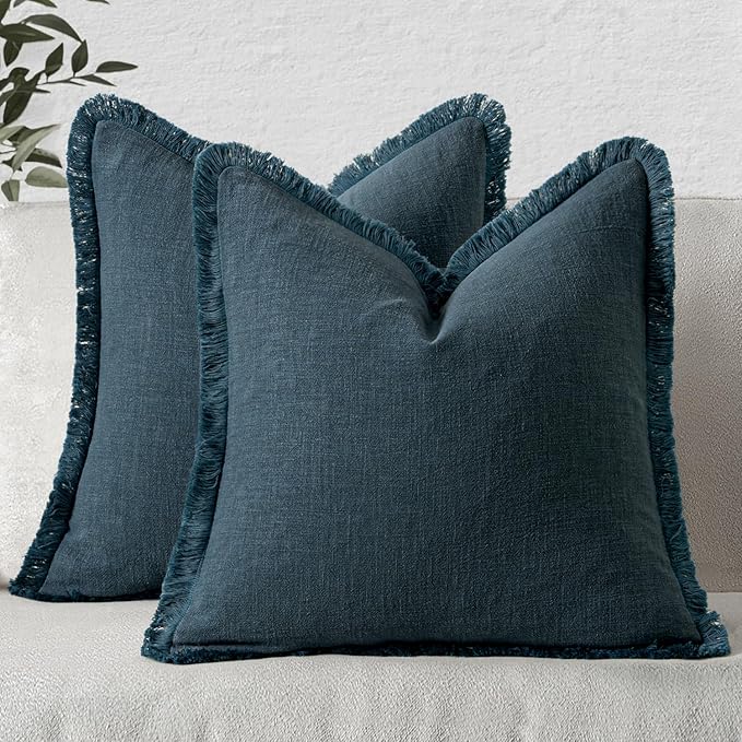 MIULEE Decorative Throw Pillow Covers Neutral Linen Fringe Throw Pillows Euro Shams Set of 2 Navy Blue Boho Farmhouse Cushion Covers for Couch Sofa Bed Living Room Spring Home Decor 22x22 Inch