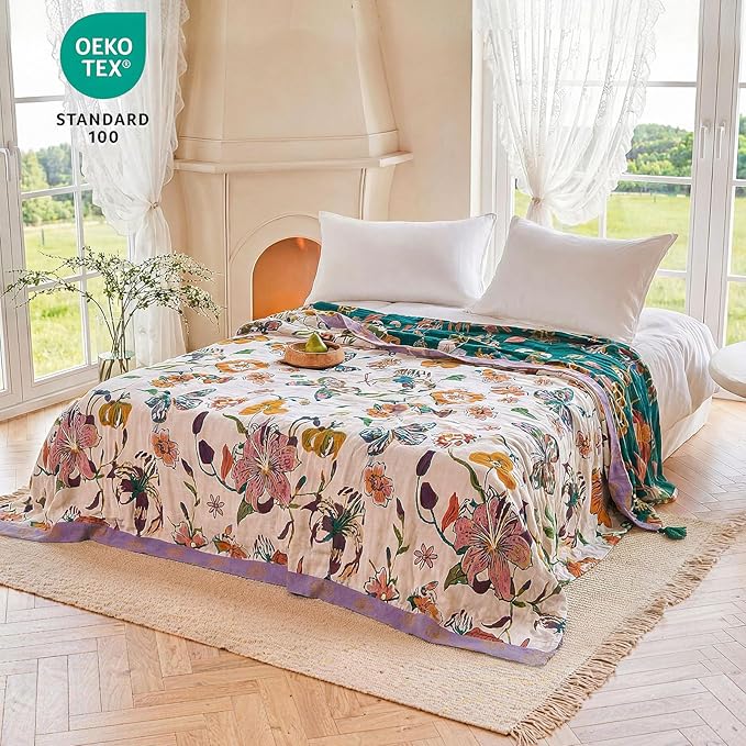 MSGKV Boho Throw Blanket 90"x108" Floral Blanket for Bed 100% Cotton Spring Breathable Lightweight Farmhouse King Blankets All Seasons Home Decor Muslin