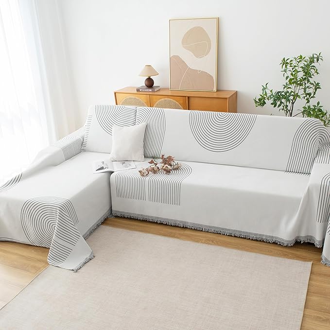 Couch Cover for Dogs, Boho Sofa Covers for 3 Cushion Couch, Chenille Sofa Slipcover for Pets Washable, L-Shape Sectional Couch Loveseat Cover Soft Throw Blankets with Tassels(71x102,Arc Grey)