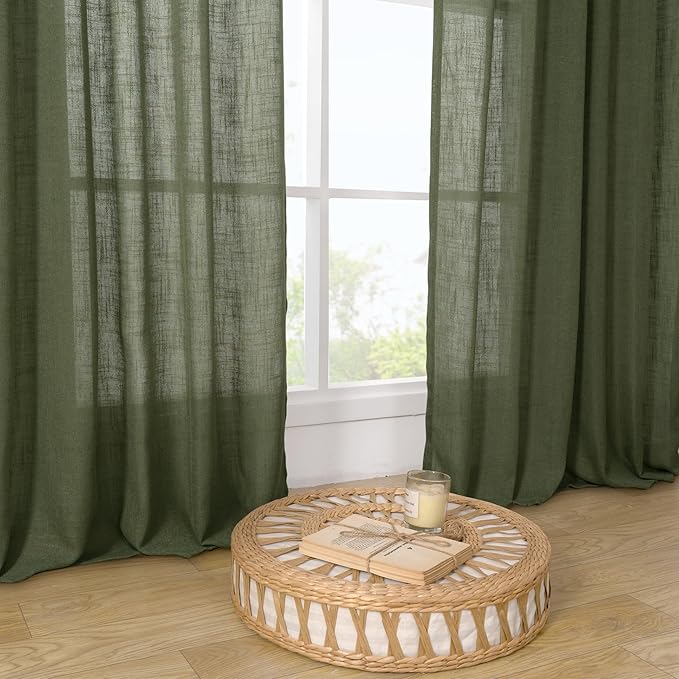 LAMIT 95 Inches Long Olive Green Linen Curtains for Living Room, Back Tab and Rod Pocket Linen Textured Curtains Light Filtering Christmas Drapes for Bedroom/Dining Room, Set of 2, 52 x 95 Inch