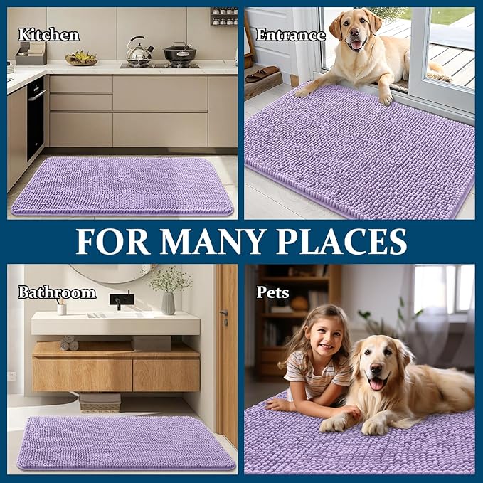 OLANLY Dog Door Mat for Muddy Paws 47x32, Absorbs Moisture and Dirt, Absorbent Non-Slip Washable Doormat, Quick Dry Chenille Mud Mat for Dogs, Entry Indoor Entryway Carpet for Inside Floor, Lavender