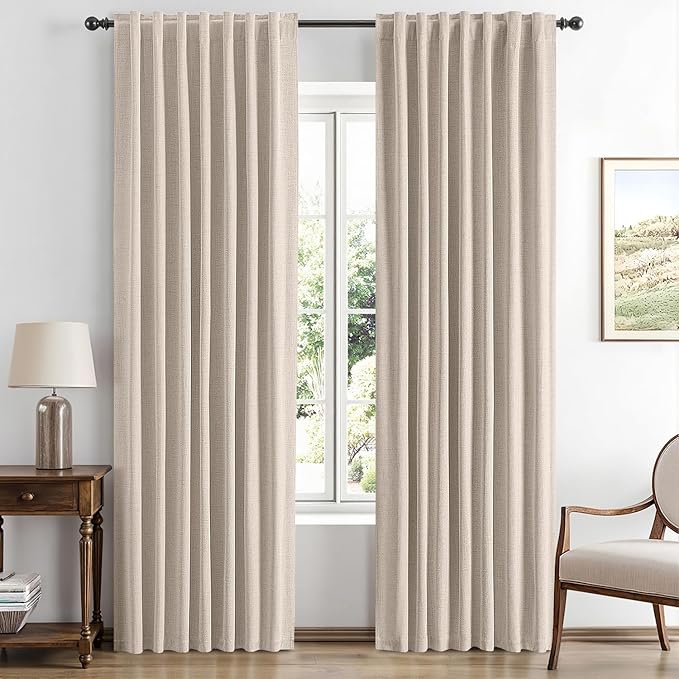 MIULEE 100% Blackout Linen Curtains for Bedroom, Natural Solid Luxury Decor Thermal Insulation Room Darkening Drapes for Living Room Nursery Back Tab Rod Pocket 42 x 84 Inches, 2 Panels