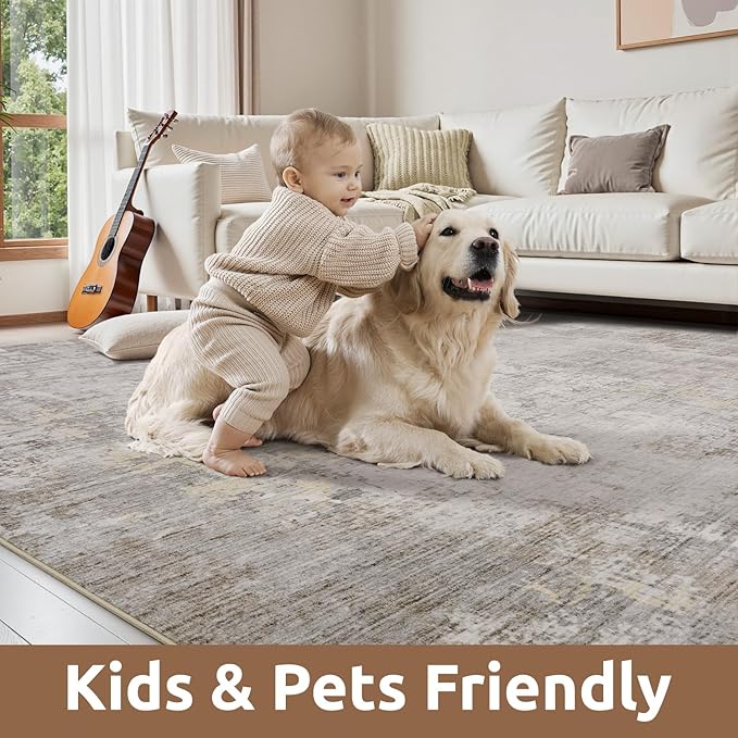 3 x 5 Rug Small Non Slip Area Rug Ultra Soft Machine Washable Low Pile Modern Abstract Area Rugs for Bedroom Living Room Entryway Kitchen Bedside, Beige