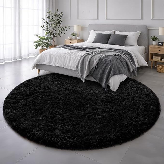 Black Round Rug 6Ft for Bedroom Aesthetic, Fluffy Plush Circle Area Rugs for Living Room, Large Big Fuzzy Modern Cool Carpet for Baby Kids Teen Boys Mens, Office Playroom Nursery Apartment Home Decor